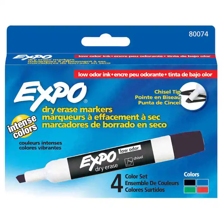 Expo® Low Odor Dry-Erase Markers, 4 Color Set, Chisel Tip